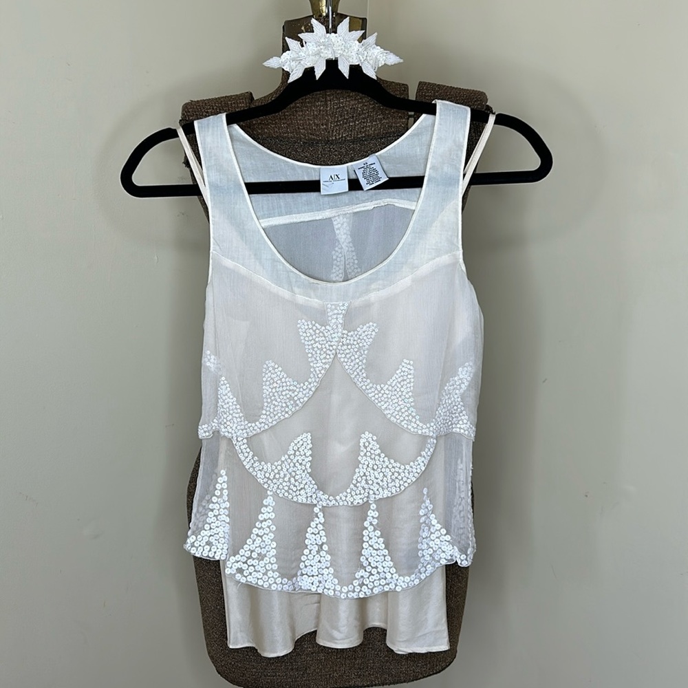 BNWOT A|X Armani Exchange Set Silk Cami, Sequin Layered Top with Hair Clip